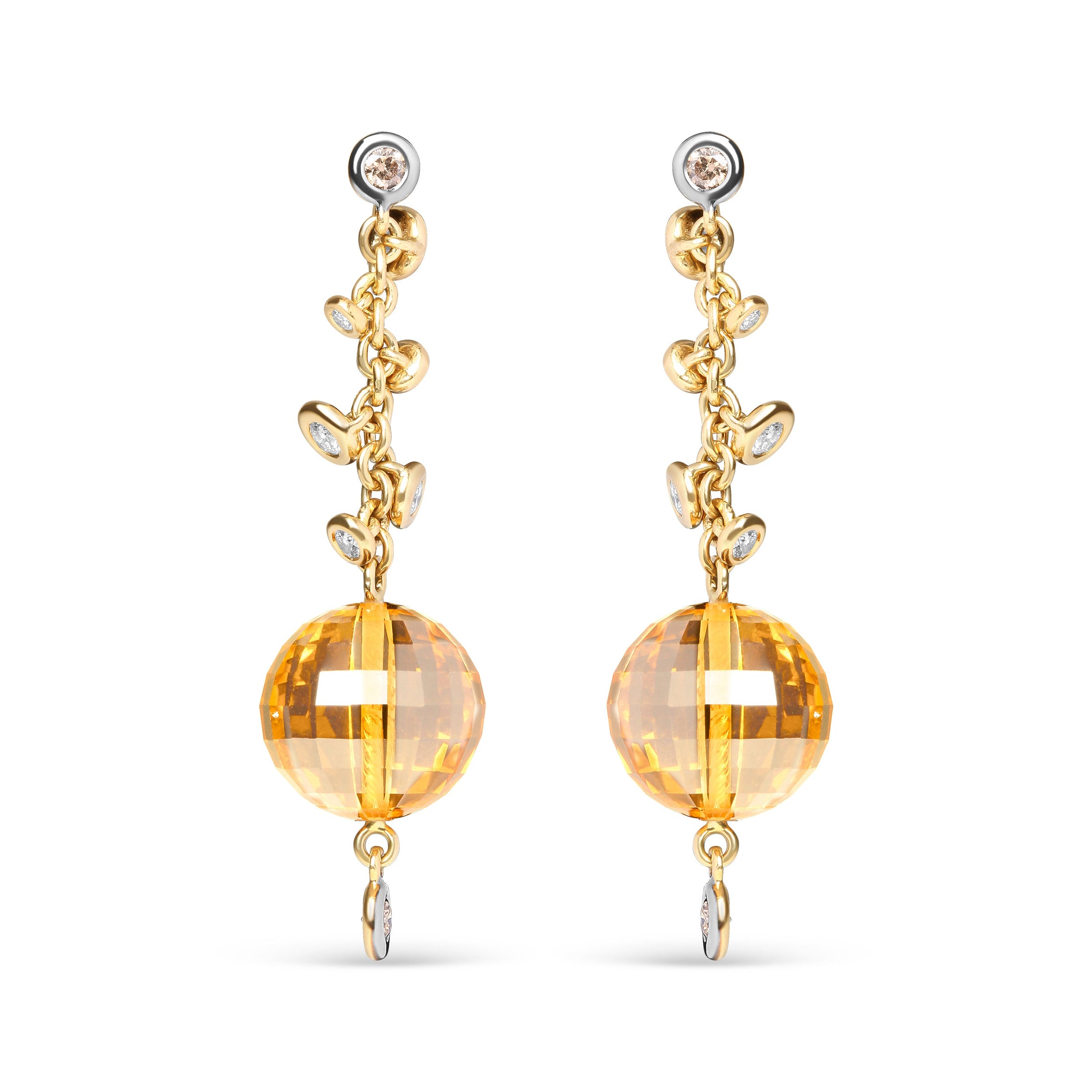 18K Yellow Gold 2/3 Cttw Round Bezel Diamond and 25mm Ball Shaped Yellow Citrine Gemstone Dangle Stud Earring (Brown and G-H Color, SI1-SI2 Clarity)