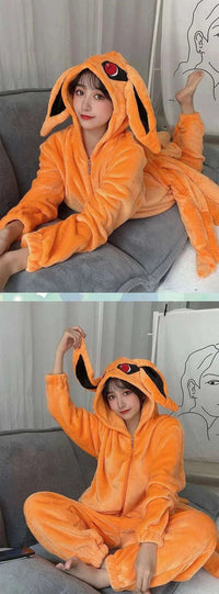 Naruto Shippuden Kurama Kyuubi Fox Cosplay Costume Kigurumi Adult Unisex Anime Pajamas Flannel Jumpsuit Sleepwear Onesies