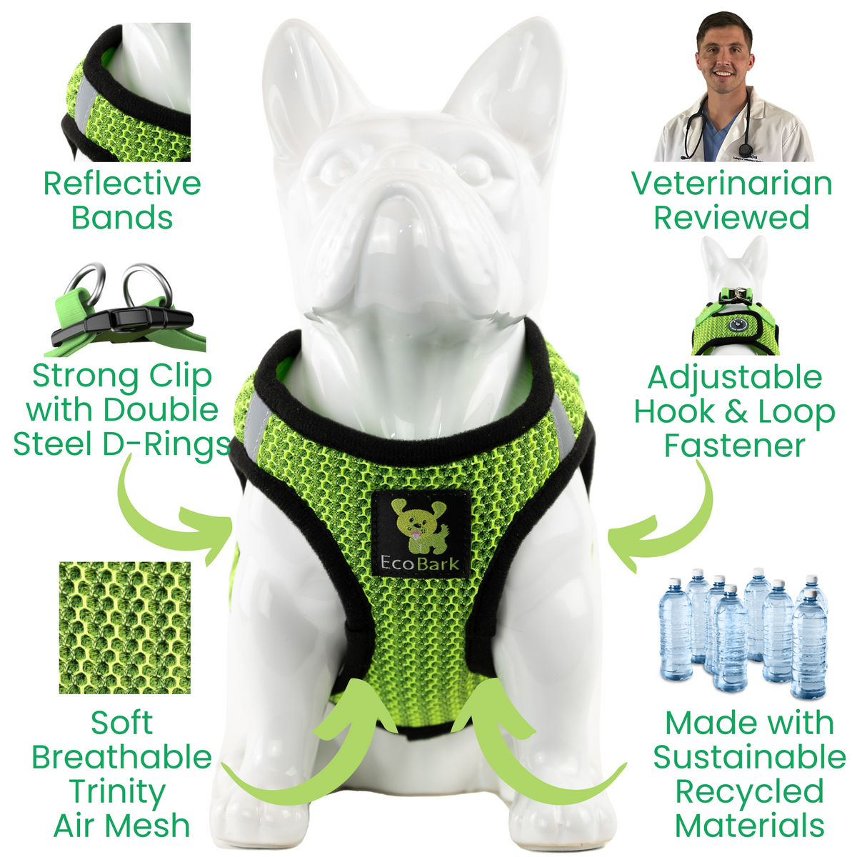 EcoBark Neon Green Step In Dog Harness - Rapid Fastener Reflective Soft Mesh Vest Halter for XXXS to Small Dogs and Puppies - BIG FRENCHIES