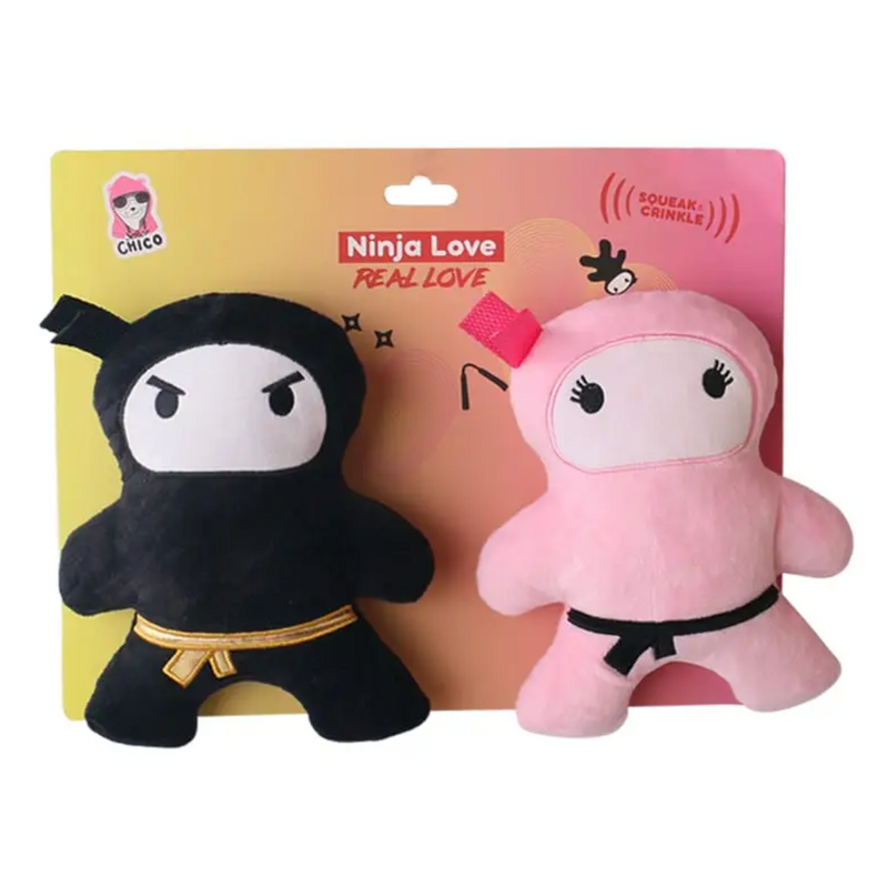 Pink & Black Ninja Love Plush Dog Toy Gift Set – with Squeaker & Crinkle Paper for Fun Play - BIG FRENCHIES