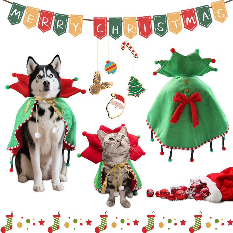 Dog & Cat Christmas Cape • Fleece Cloak with Pom-Poms-Pet Apparel-BIG FRENCHIES-Jane's Pet Boutique