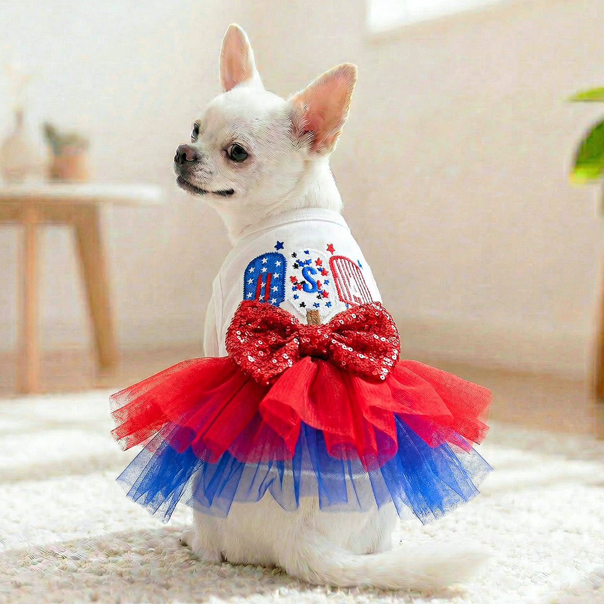 USA Patriotic Dog Dress with Sequin Bow