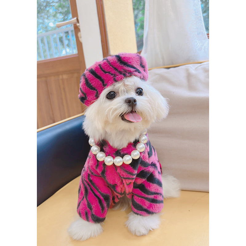 Pet Faux Fur Coat Plush Outfit with Hat Zebra Print-Pet Apparel-BIG FRENCHIES-Jane's Pet Boutique