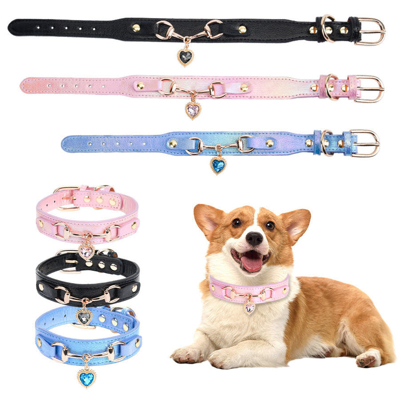 Adjustable PU Leather Dog Collar with Crystal Heart Charm-Pet Collars & Leashes-BIG FRENCHIES-Jane's Pet Boutique