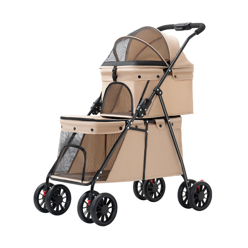Double Pet Stroller + Foldable Beige Linen Breathable Design-Pet Carriers & Travel-BIG FRENCHIES-Jane's Pet Boutique
