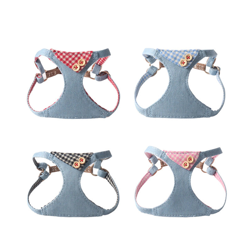 Pet Harness & Leash Set – Denim Plaid Design with Buttons-Pet Collars & Leashes-BIG FRENCHIES-Jane's Pet Boutique