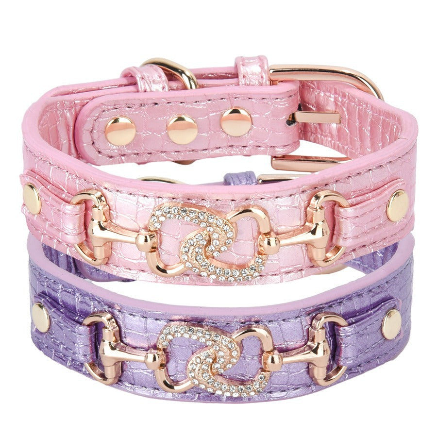 Luxury Crystal Heart Dog Collar – Pink & Purple Croc Texture-Pet Collars & Leashes-BIG FRENCHIES-Jane's Pet Boutique