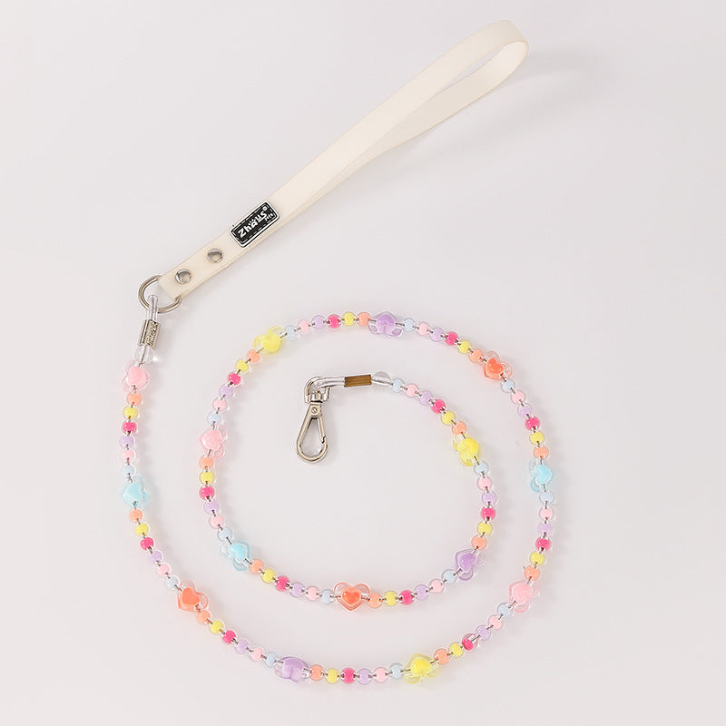 Beaded Dog Leash with Pastel Heart Charms – Handmade & Lightweight-Pet Collars & Leashes-BIG FRENCHIES-Jane's Pet Boutique