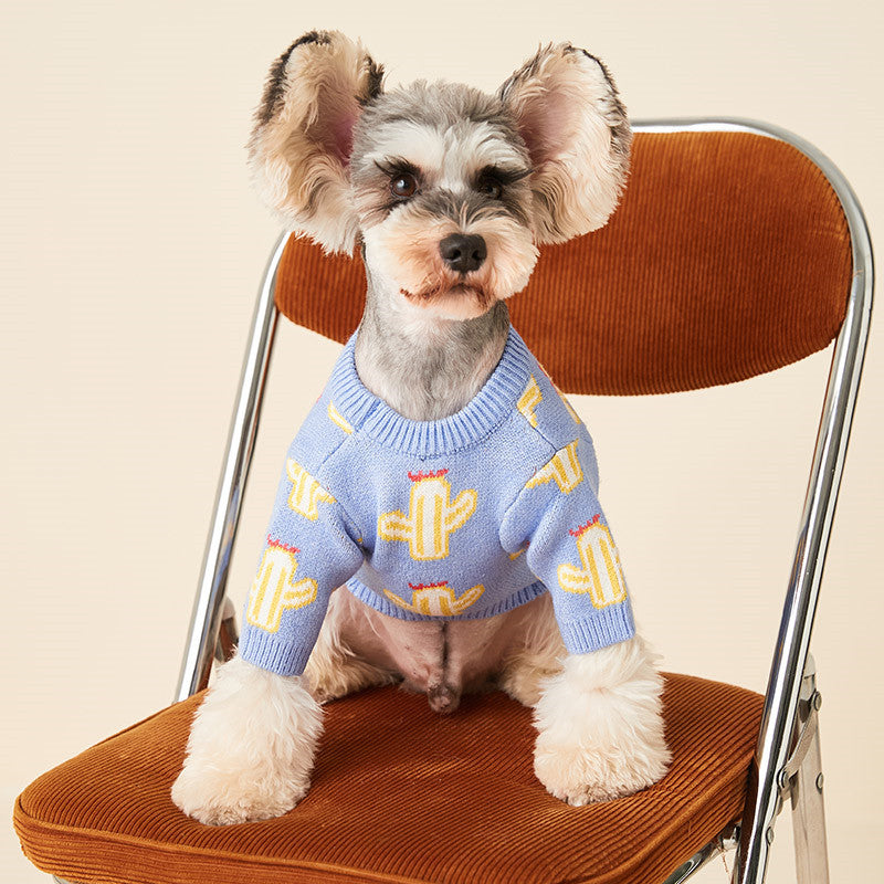 Dog sweater blue cactus-Pet Apparel-BIG FRENCHIES-Jane's Pet Boutique