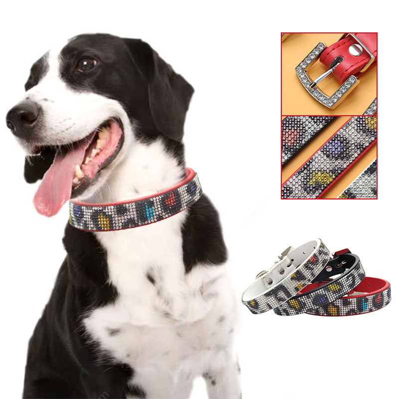 Rhinestone Leopard PU Dog Collar-Pet Collars & Leashes-BIG FRENCHIES-Jane's Pet Boutique