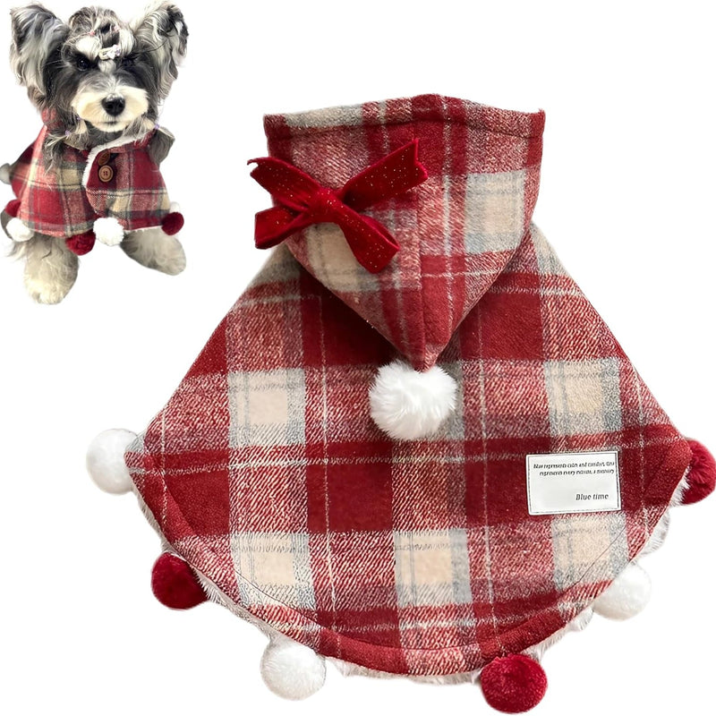 Plaid Pet Hooded Cape with Fuzzy Lining & Pom-Poms-Pet Apparel-BIG FRENCHIES-Jane's Pet Boutique