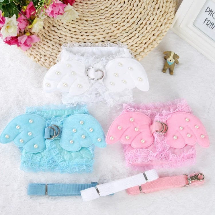 Angel Wings Lace Dog Harness with Pearl Details & Matching Leash-Pet Collars & Leashes-BIG FRENCHIES-Jane's Pet Boutique