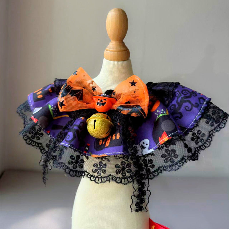 Halloween Pet Ruffle Collar with Lace, Bow & Bell-Pet Collars & Leashes-BIG FRENCHIES-Jane's Pet Boutique