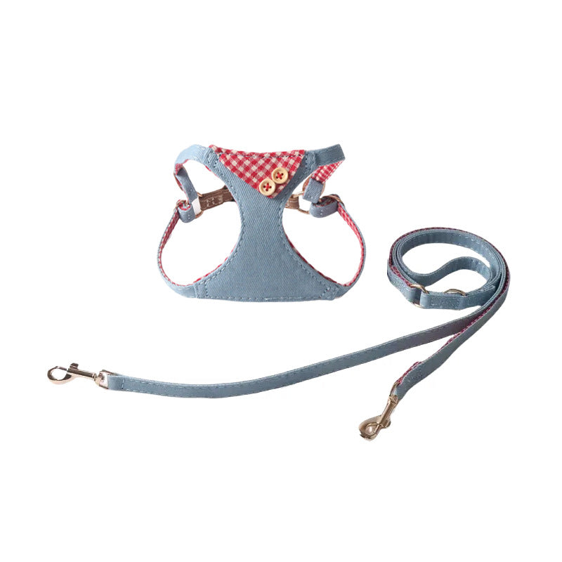 Pet Harness & Leash Set – Denim Plaid Design with Buttons-Pet Collars & Leashes-BIG FRENCHIES-Jane's Pet Boutique