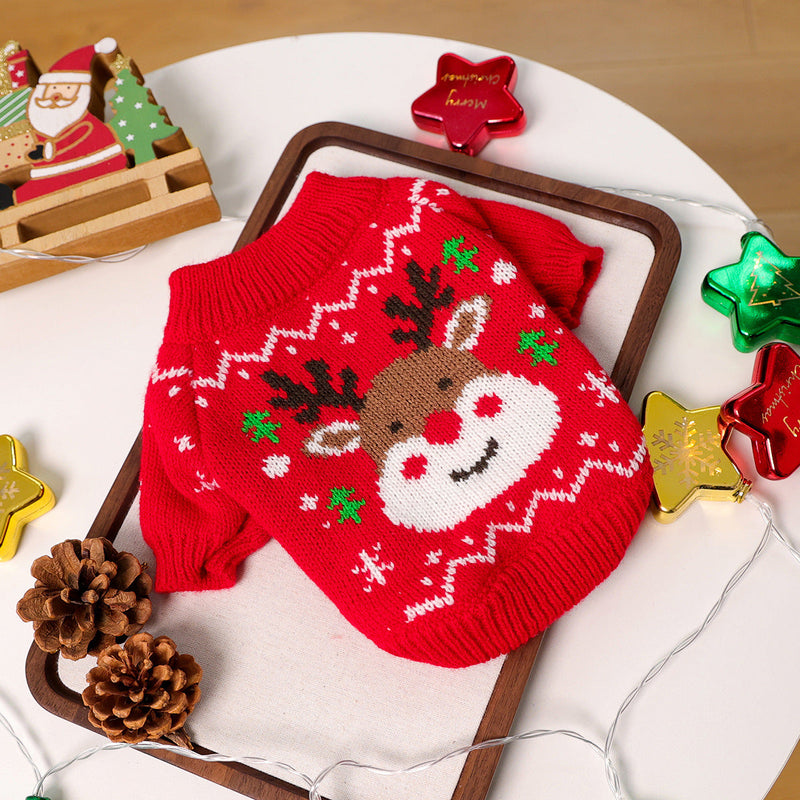 Christmas Reindeer Holiday Knit Sweater for Dogs & Cats – Warm Red Pullover-Pet Apparel-BIG FRENCHIES-Jane's Pet Boutique