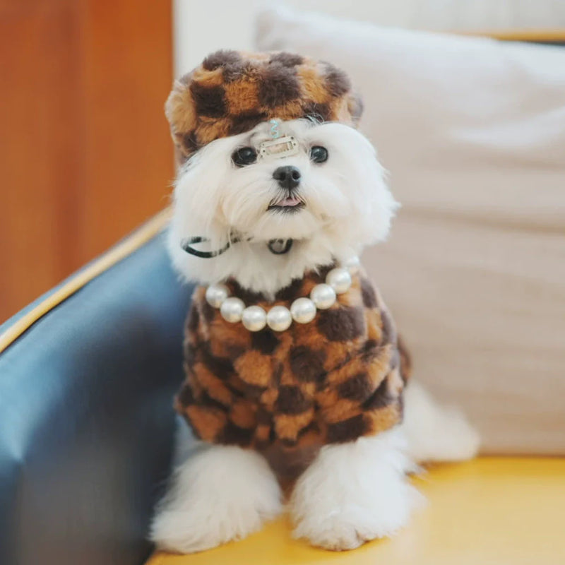 Pet Faux Fur Coat Checkered Plush Outfit with Hat-Pet Apparel-BIG FRENCHIES-Jane's Pet Boutique