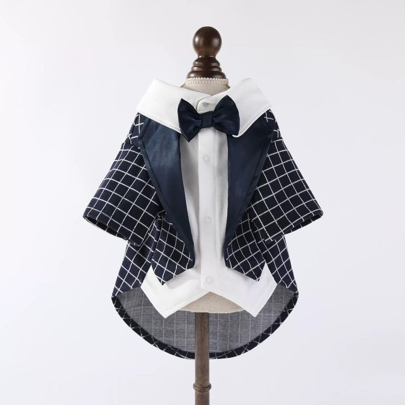 Plaid Tuxedo Dog Suit Outfit with Shirt Bow Tie(Layered-look)-Pet Apparel-BIG FRENCHIES-Jane's Pet Boutique