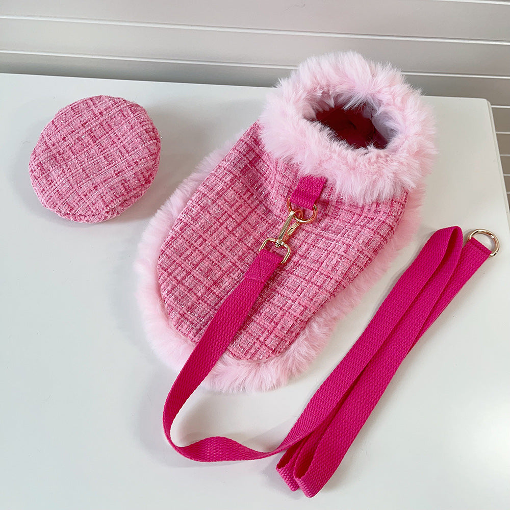 Dog cape+hat+leash sets pink tweed-Pet Apparel-BIG FRENCHIES-Jane's Pet Boutique