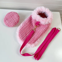 Dog cape+hat+leash sets pink tweed