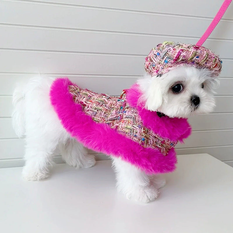 Dog cape+hat+leash sets hot pink tweed-Pet Apparel-BIG FRENCHIES-Jane's Pet Boutique