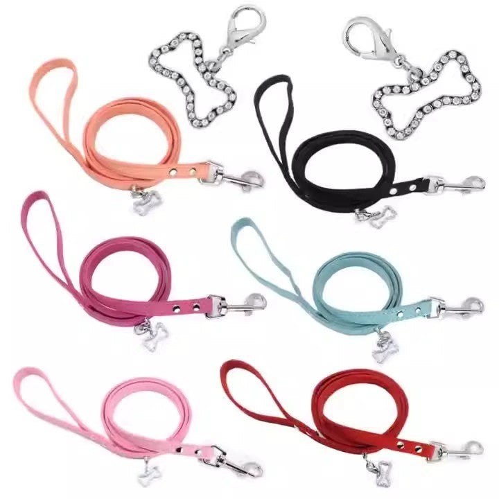 Soft Suede Dog Leash with Rhinestone Bone Charm Pendant-Pet Collars & Leashes-BIG FRENCHIES-Jane's Pet Boutique