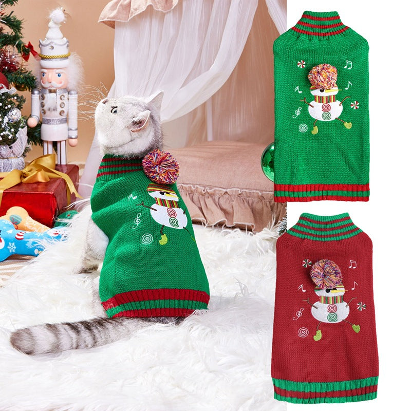 Christmas Pet Sweater • Knit Snowman & Pom-Pom Hat-Pet Apparel-BIG FRENCHIES-Jane's Pet Boutique