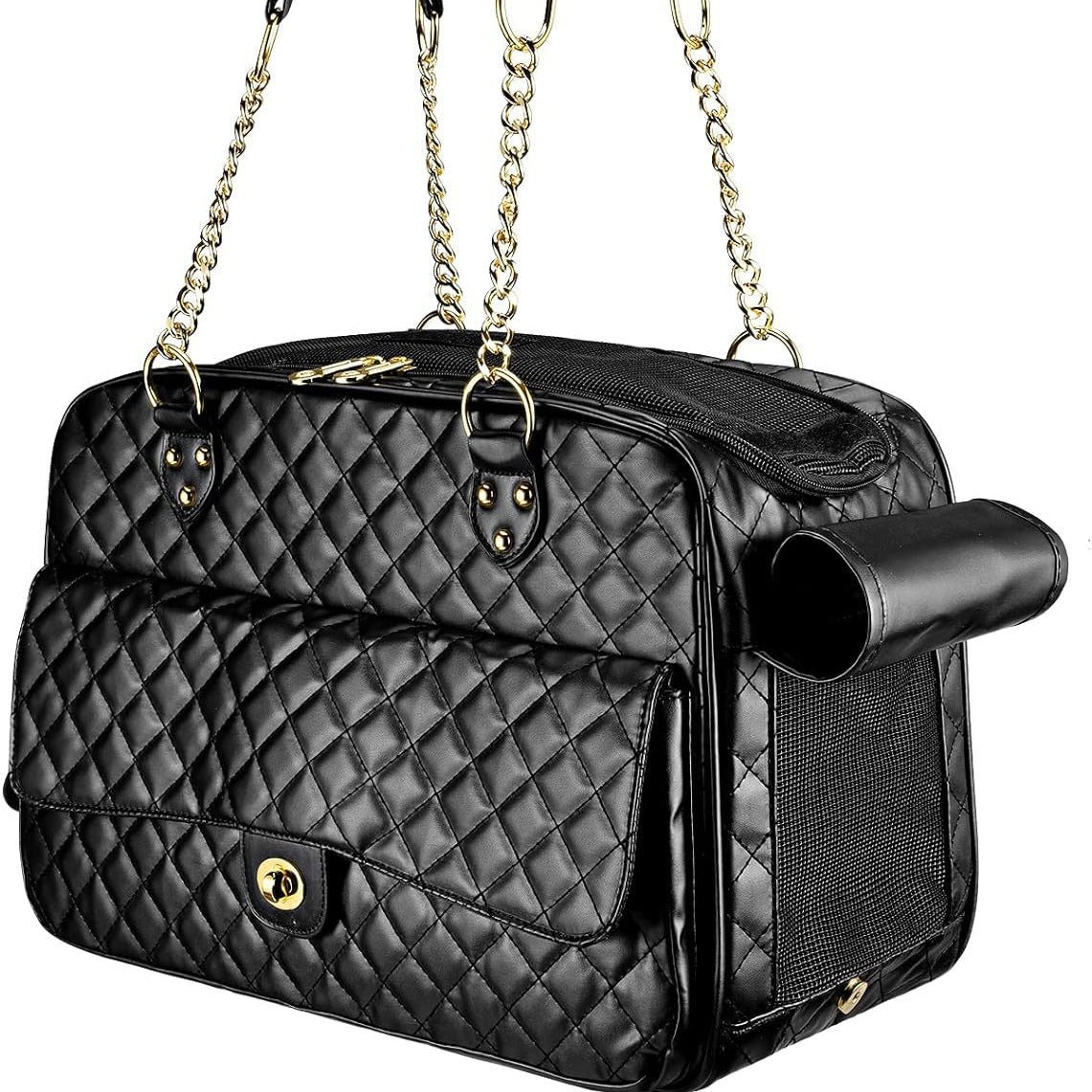 Pet Carrier – Quilted PU Leather with Gold Chain-Pet Carriers & Travel-BIG FRENCHIES-Jane's Pet Boutique
