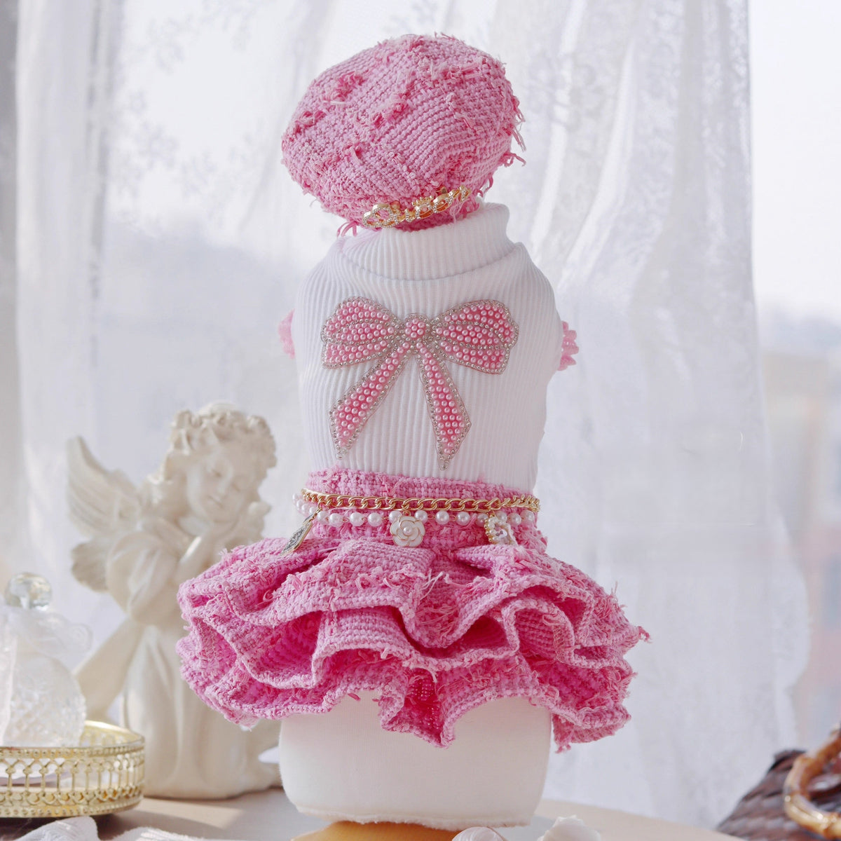 Handmade Chic Puppy Suit Pink Tweed Skirt Outfit-Pet Apparel-BIG FRENCHIES-Jane's Pet Boutique