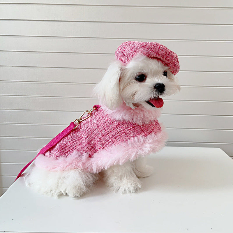 Dog cape+hat+leash sets pink tweed-Pet Apparel-BIG FRENCHIES-Jane's Pet Boutique