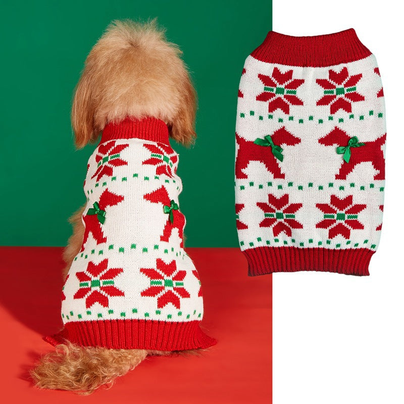 Christmas Pet Sweater • Red Dog Motif & Bows Knit-Pet Apparel-BIG FRENCHIES-Jane's Pet Boutique