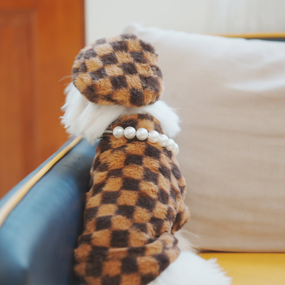 Pet Faux Fur Coat Checkered Plush Outfit with Hat-Pet Apparel-BIG FRENCHIES-Jane's Pet Boutique