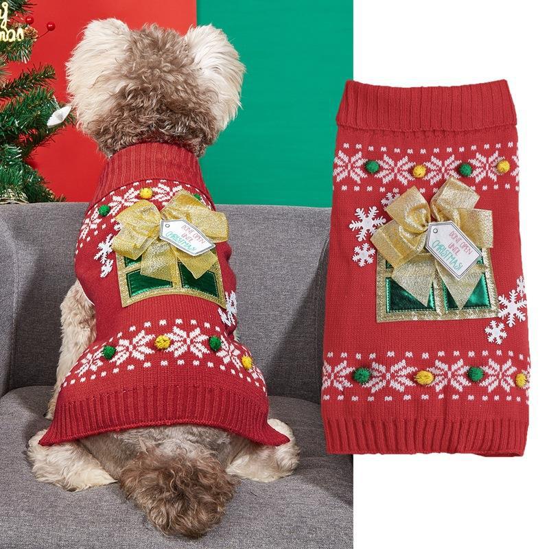 Christmas Pet Sweater • Gift Box Appliqué & Bow Knit-Pet Apparel-BIG FRENCHIES-Jane's Pet Boutique