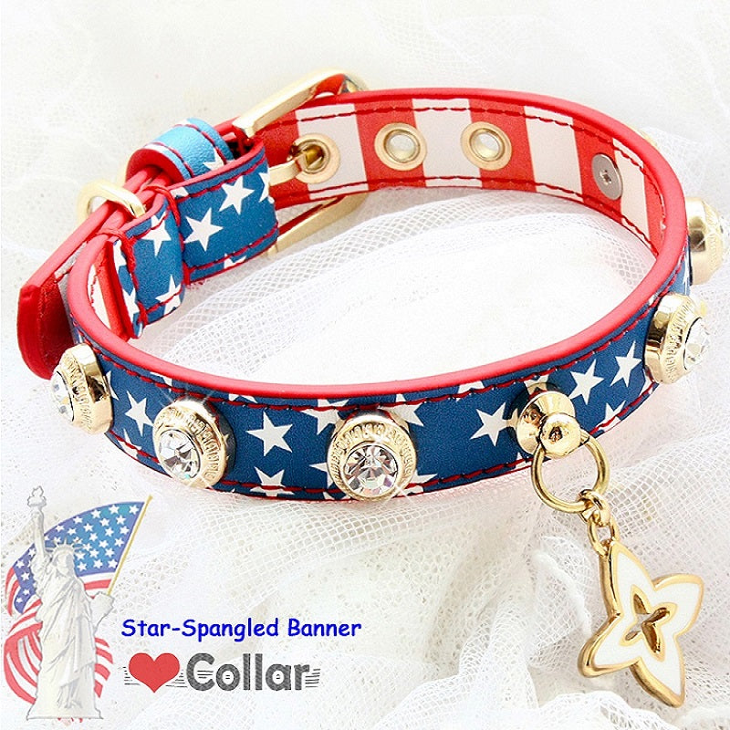 Handmade Patriotic American Flag Pet Collar Small and Medium Dogs Collar Leash-Pet Collars & Leashes-BIG FRENCHIES-Jane's Pet Boutique