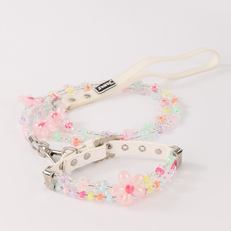 Beaded Flower Dog Collar and Leash Set – Pastel Charm Design-Pet Collars & Leashes-BIG FRENCHIES-Jane's Pet Boutique