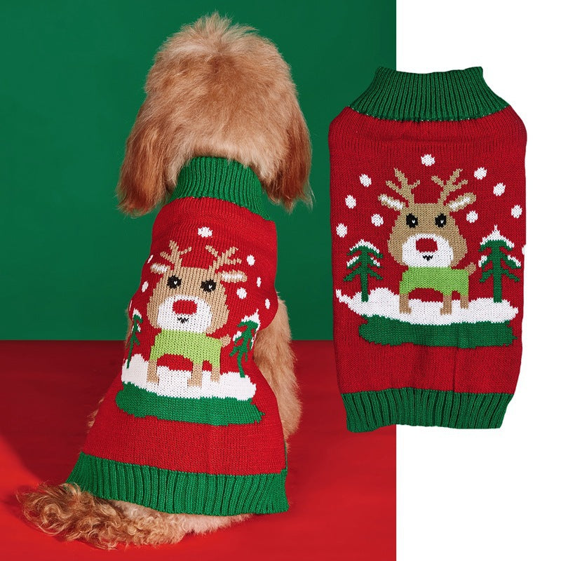 Christmas Pet Sweater • Reindeer Knit & Green Trim-Pet Apparel-BIG FRENCHIES-Jane's Pet Boutique