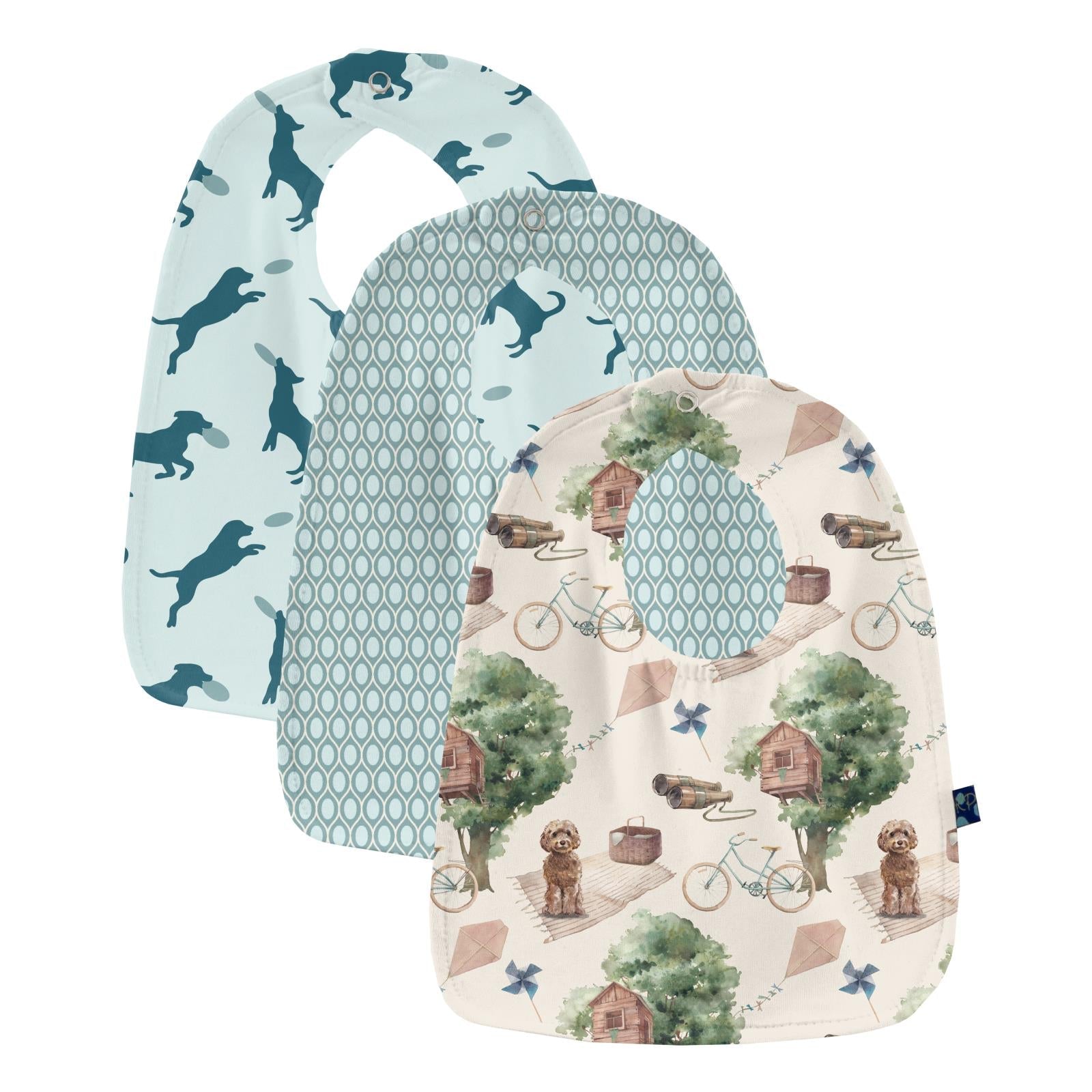 Print Bib Set of 3 in Natural Tree House; Jade Wavy Lattice & Fresh Air Frisbee Labs