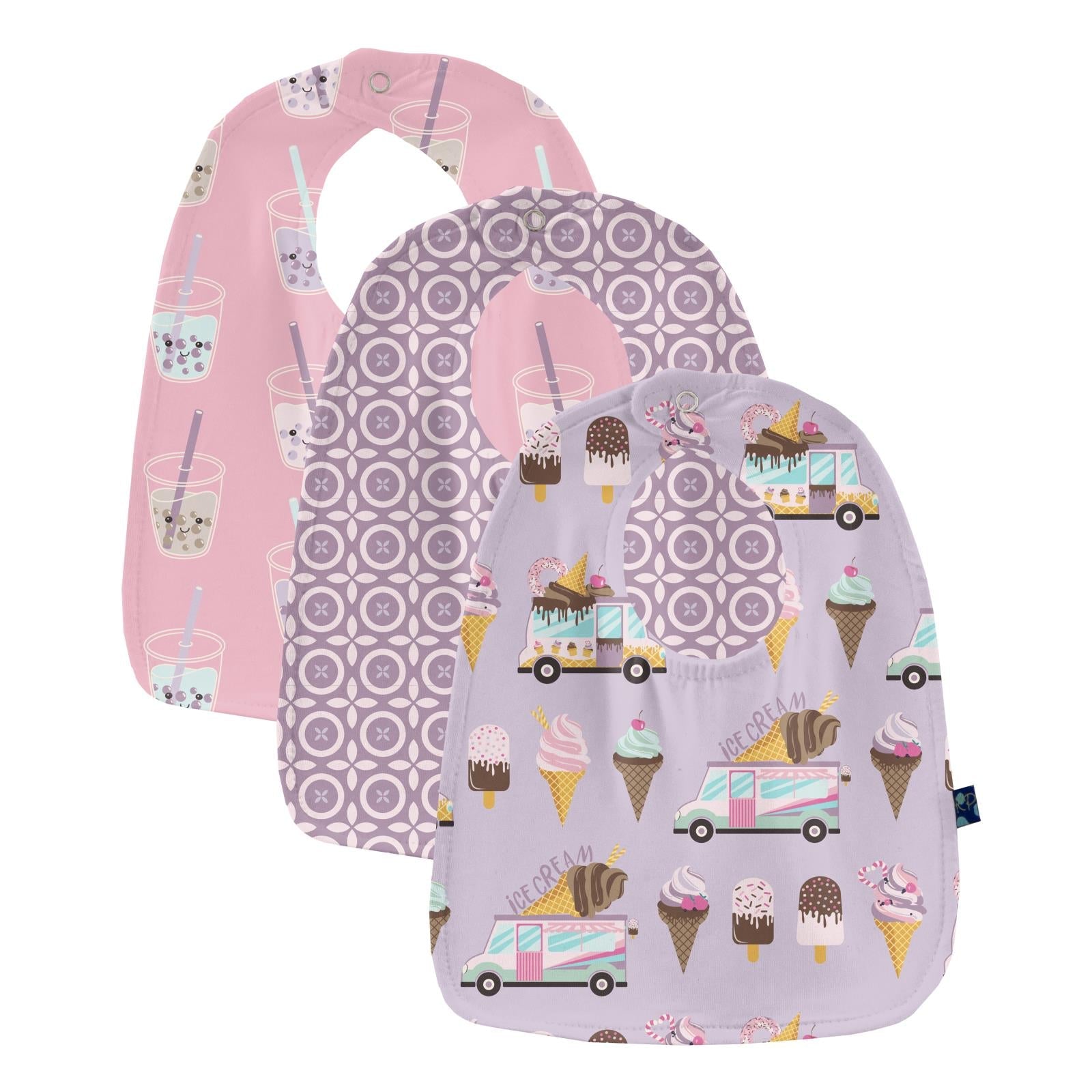 Print Bib Set of 3 in Cake Pop Boba; Lavender Flower Lattice & Thistle Ice Cream Truck
