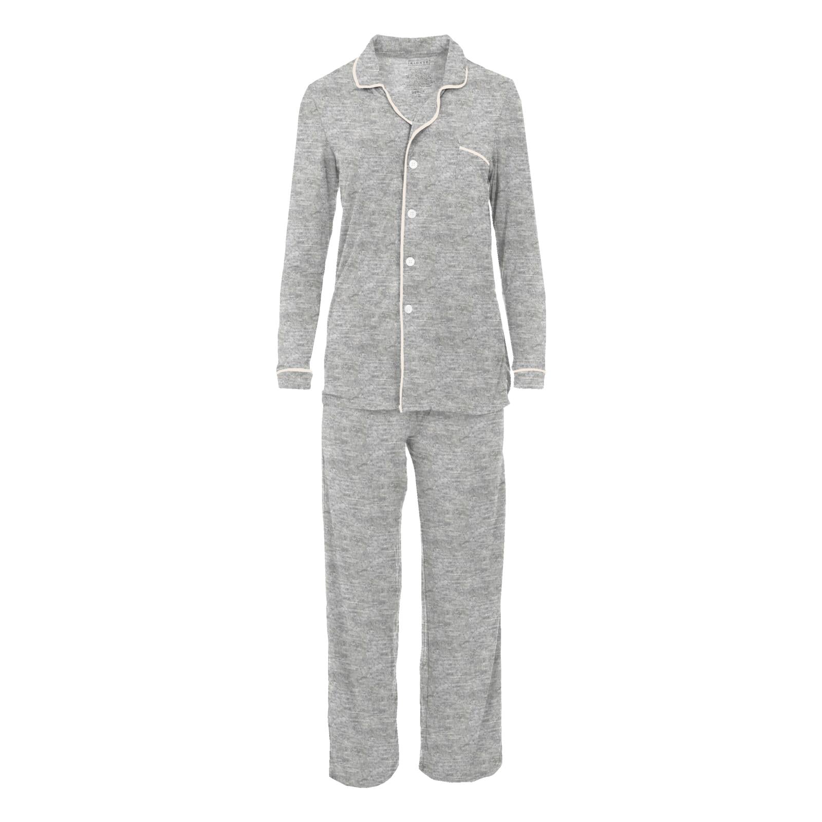 Women's Long Sleeved Collared Pajama Set in Heathered Mist with Natural