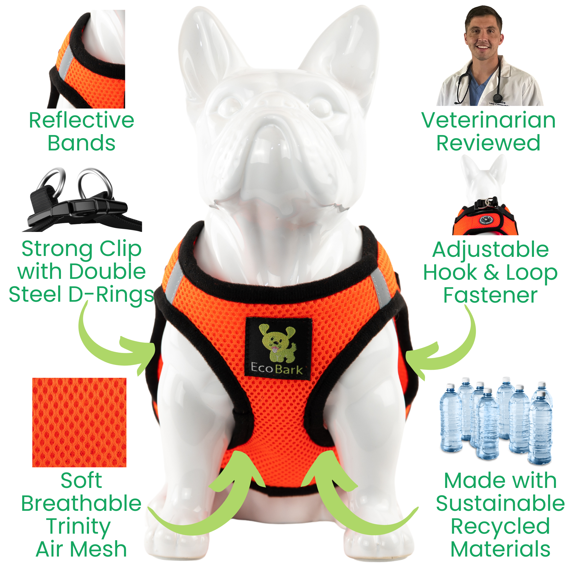 EcoBark Safety Orange Step In Dog Harness -Rapid Fastner Reflective Soft Mesh Vest Halter for Puppies and XXXS to Small Dogs - BIG FRENCHIES