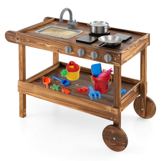 Outdoor Movable Mud Kitchen with 2 Rolling Wheels and 1 Push Handle-Natural - BIG FRENCHIES
