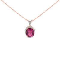 14K Rose Gold Vermeil Sterling Silver 1/5 Cttw Diamond Pink Quartz Oval Pendant Necklace
