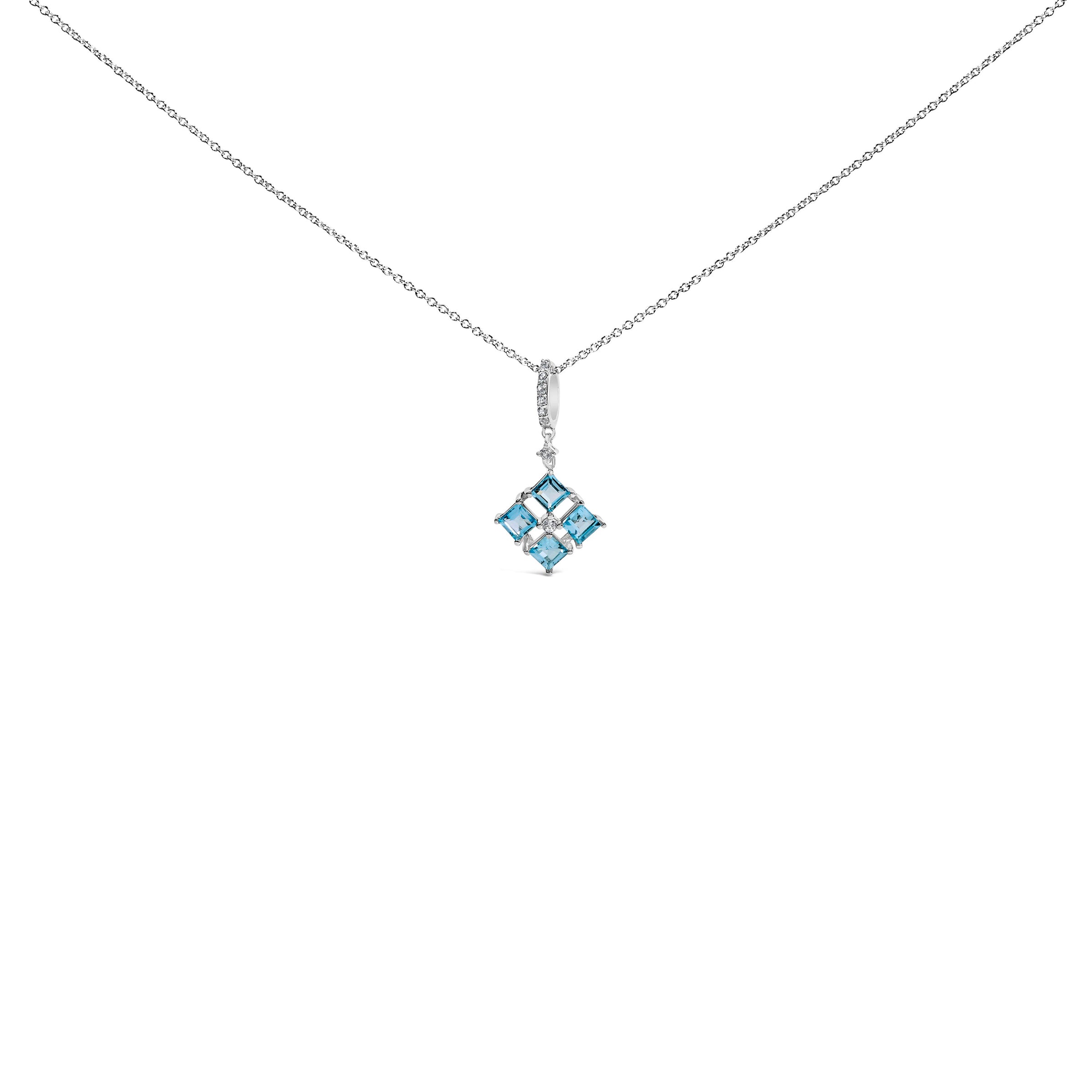 Sterling Silver Blue Topaz and White Sapphire Square Motif Pendant Necklace 18 Inch