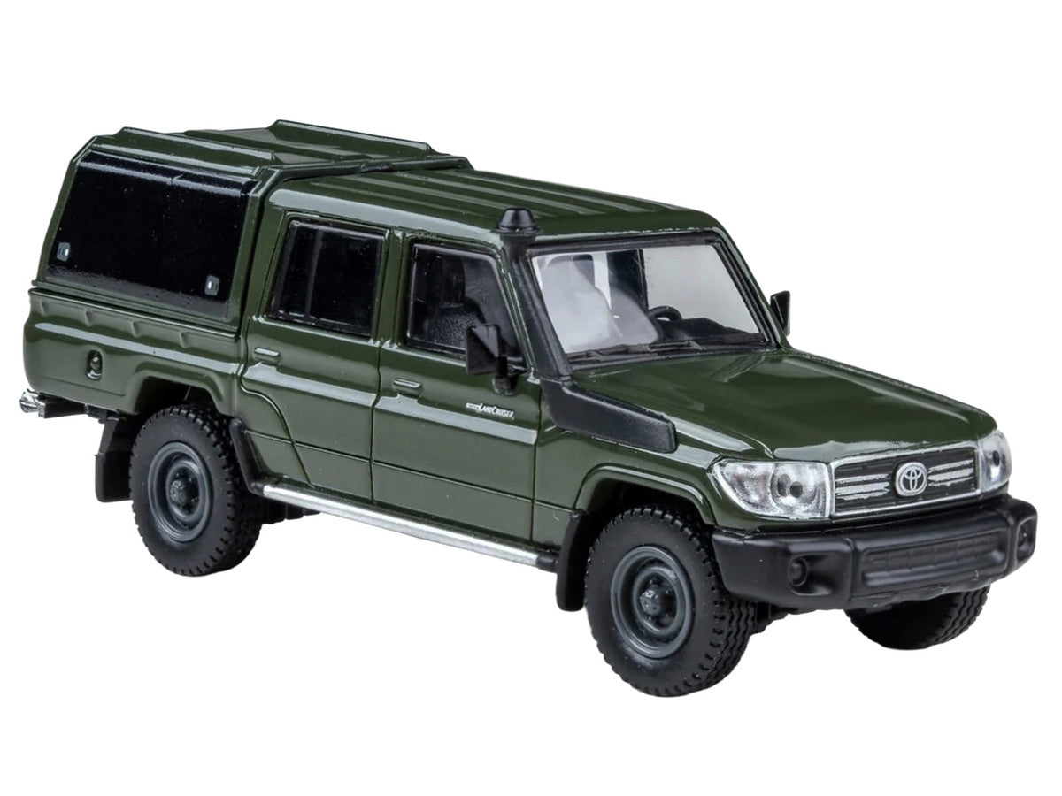 2014 Toyota Land Cruiser LC 79 with Camper Shell Military Green 1/64 Diecast Model Car by Paragon Models