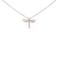 14K Rose Gold Plated Sterling Silver 1/10 Cttw Diamond Dragonfly Pendant Necklace