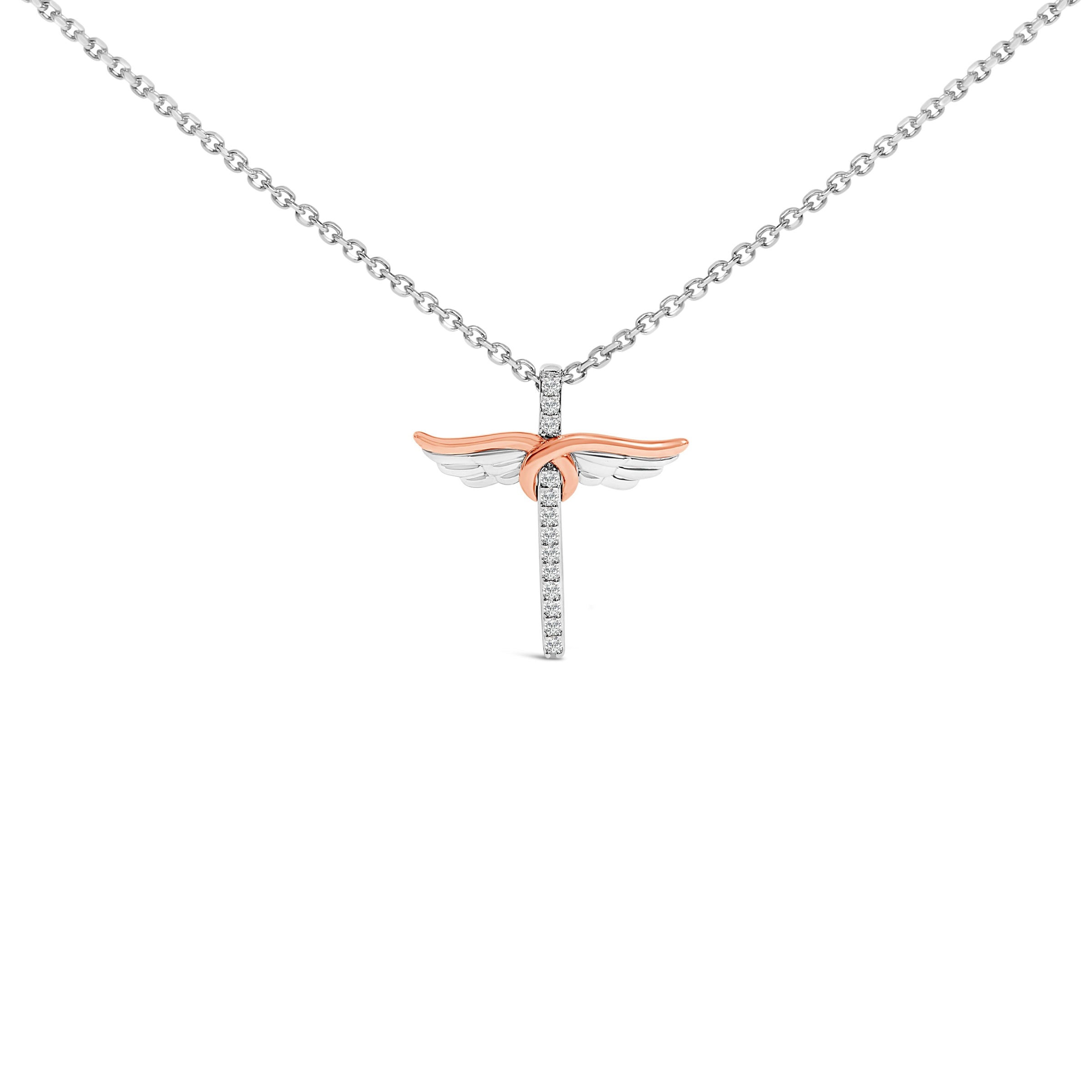 14K Rose Gold Plated Sterling Silver 1/5 Cttw Diamond Wing Cross Pendant Necklace