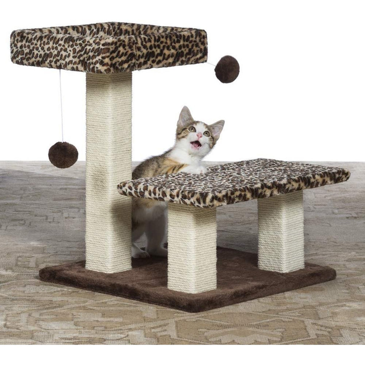 Prevue Pet Products Kitty Power Paws Leopard Terrace 7300 Cat Tree with Bolstered Day Bed and Jute Posts
