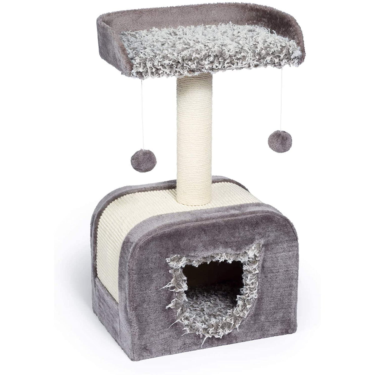 Prevue Pet Products Kitty Power Paws Shag Hideaway 7304 Gray Cat Tree with Shaggy Day Bed and Covered Den