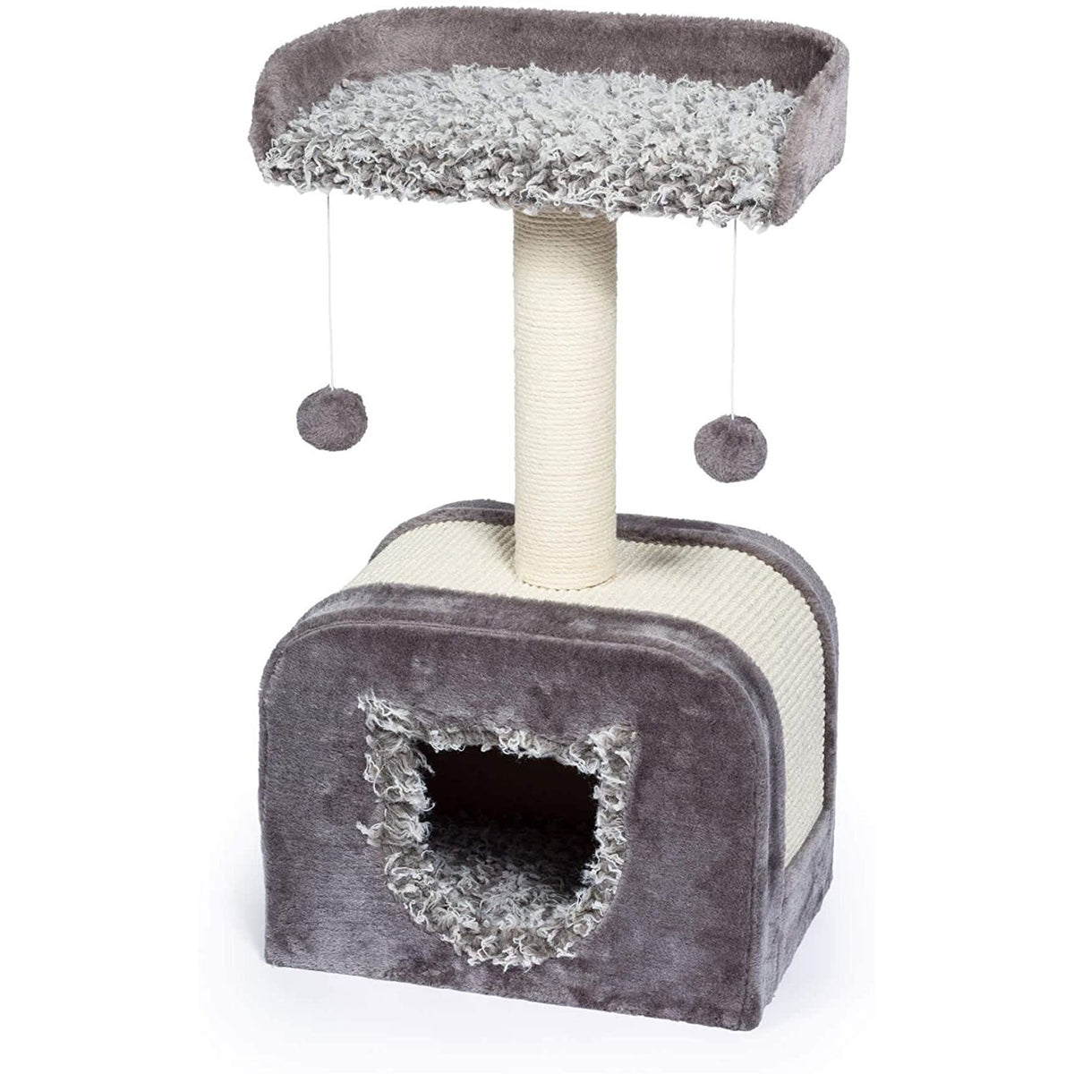 Prevue Pet Products Kitty Power Paws Shag Hideaway 7304 Gray Cat Tree with Shaggy Day Bed and Covered Den