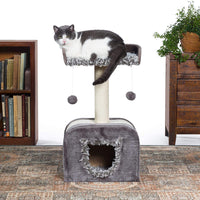 Prevue Pet Products Kitty Power Paws Shag Hideaway 7304 Gray Cat Tree with Shaggy Day Bed and Covered Den