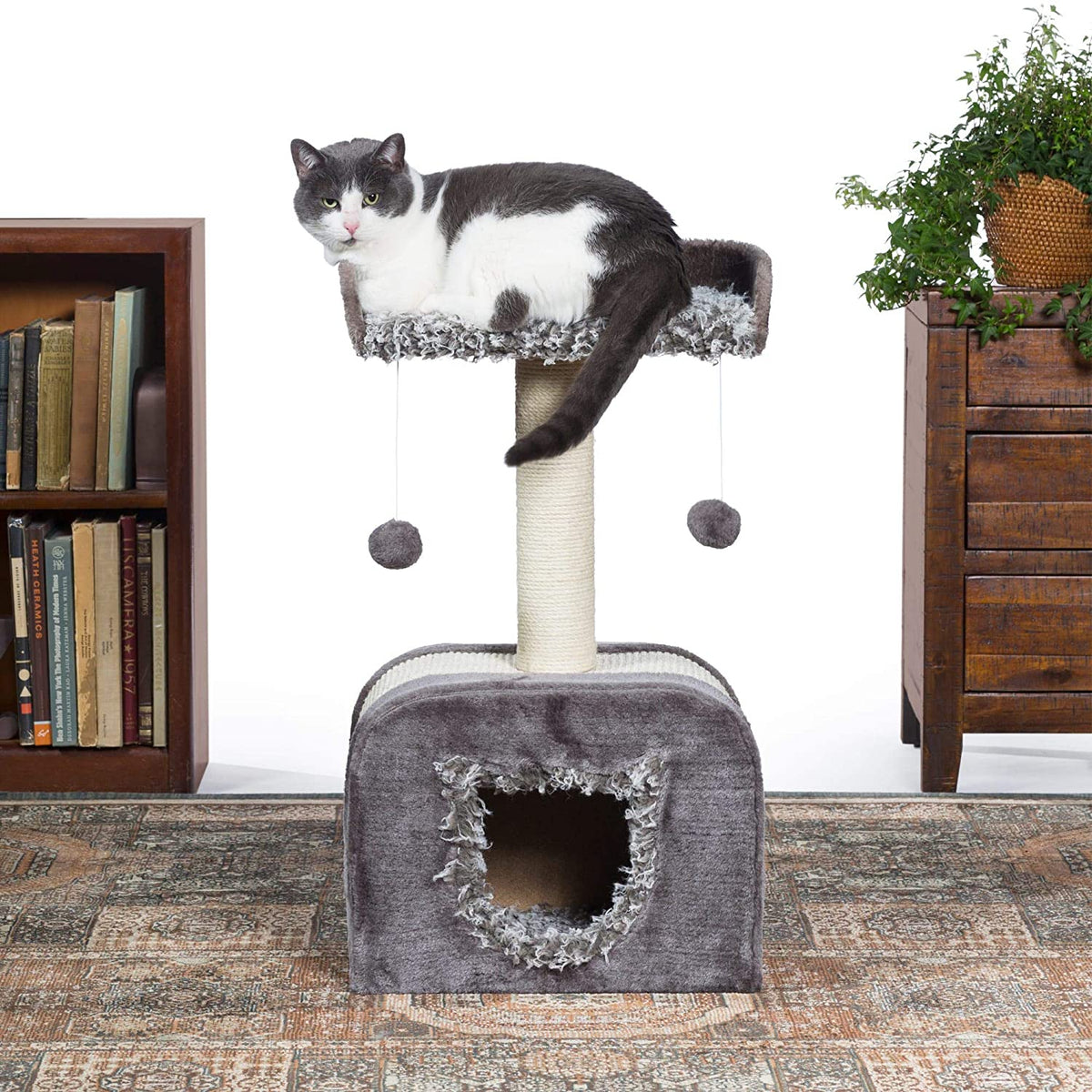 Prevue Pet Products Kitty Power Paws Shag Hideaway 7304 Gray Cat Tree with Shaggy Day Bed and Covered Den
